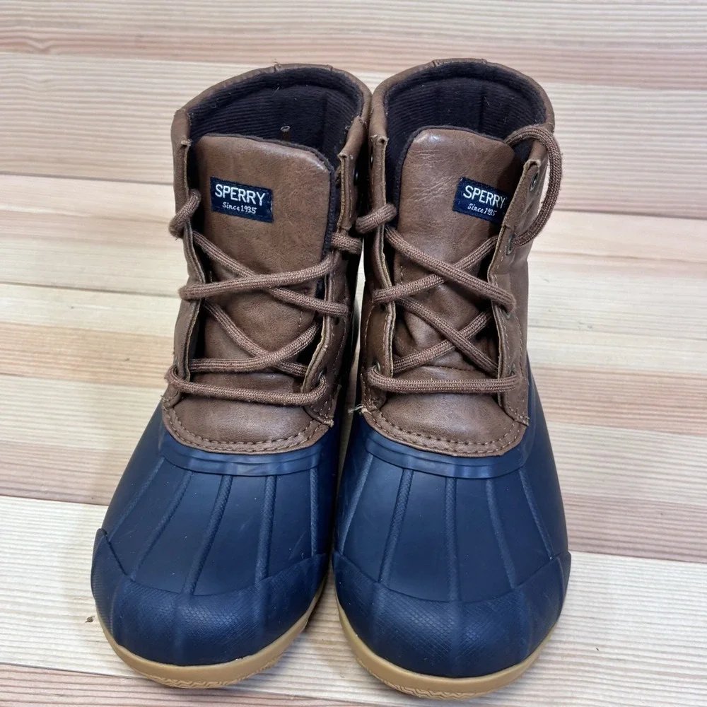 Sperry Boys Kids Port Boots Brown And Navy Sz 1 Youth Waterproof Rain Boots